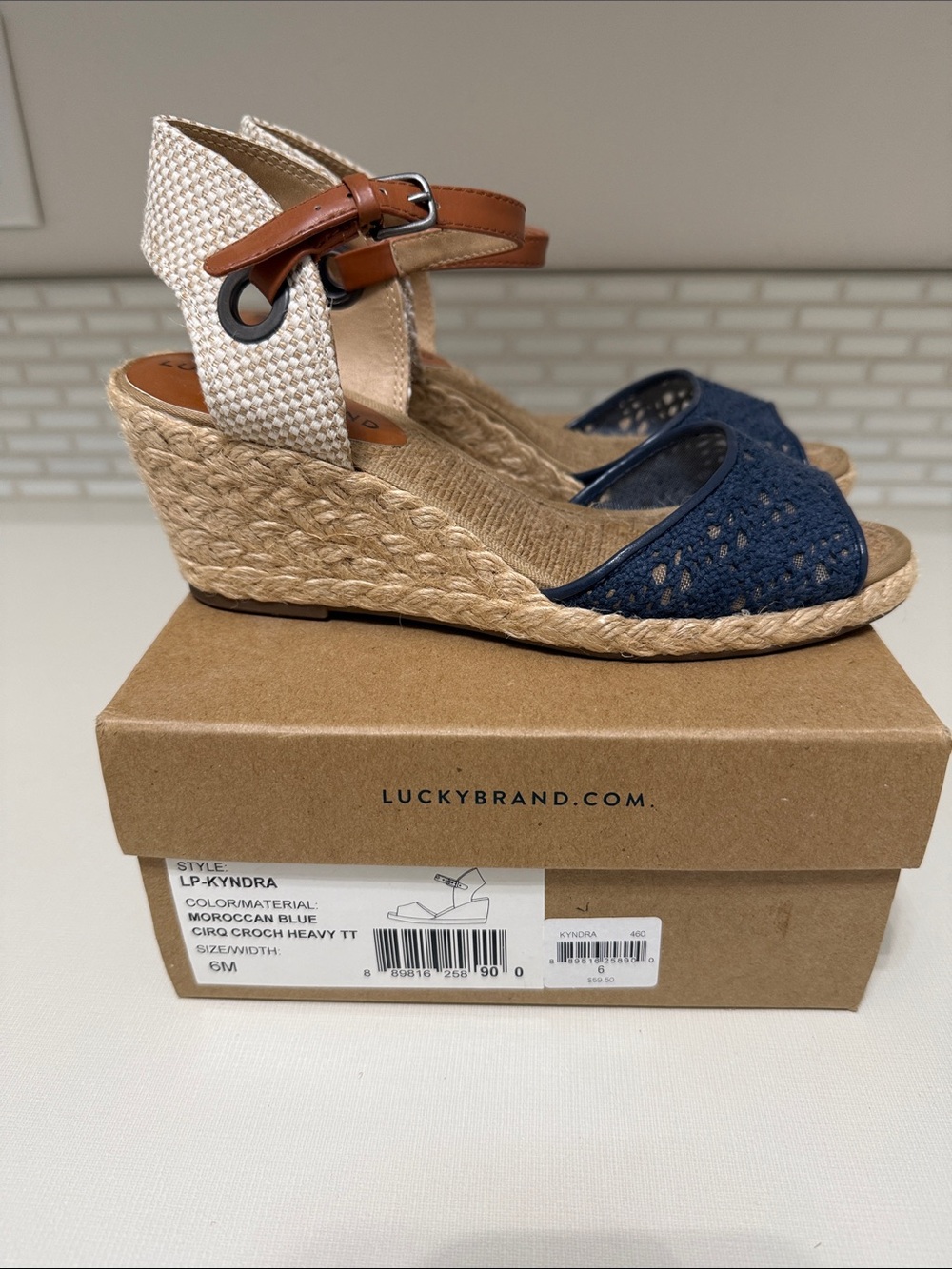Lucky Brand Navy Crochet Espadrille Wedge Sandals with Tan Ankle Strap Size 6